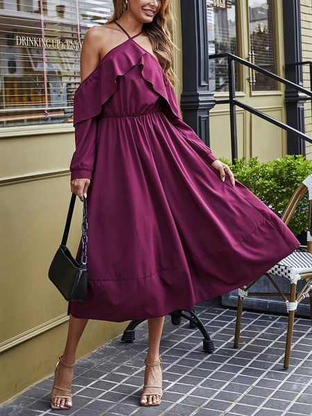 

Solid Halter Elegant Ruffled Midi Dress, Purple, Dresses