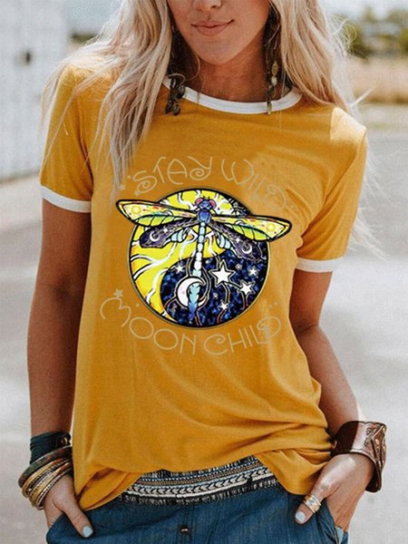 

Crew Neck Casual Short Sleeve Tops, Yellow, Tees & T-shirts