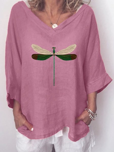 

Printed Basic Dragonfly Neck Tops, Pink, Printed T-shirts