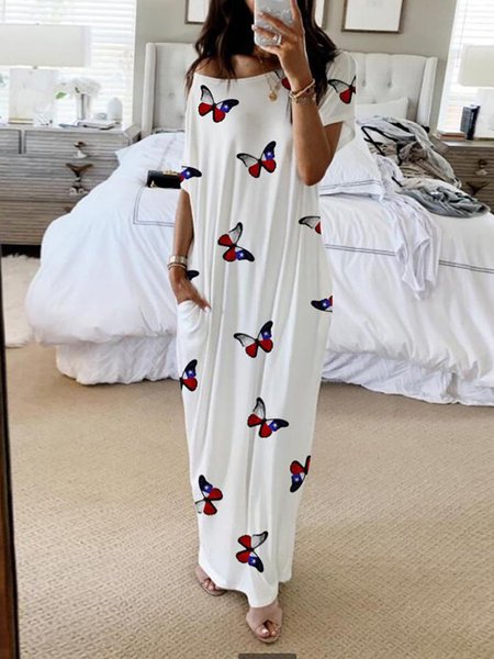 

Abito Maniche Corte Girocollo Statement Stampato, Bianco, Maxi Dresses