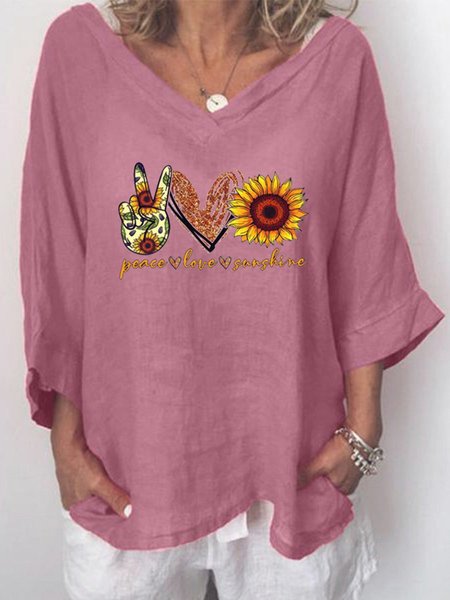

3/4 Sleeve V Neck Shift Printed Shirts & Tops, Pink, Tops