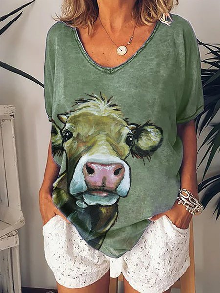 

Cow Hazel Print Casual Short Sleeve Shirts & Tops, Green, Tees & T-shirts
