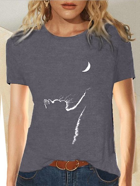 

Cat Printed Casual Crew Neck T-Shirts, Gray, Tops