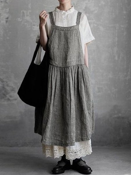 Square Neck Cotton-Blend Sleeveless Solid Dresses, Gray, Dresses