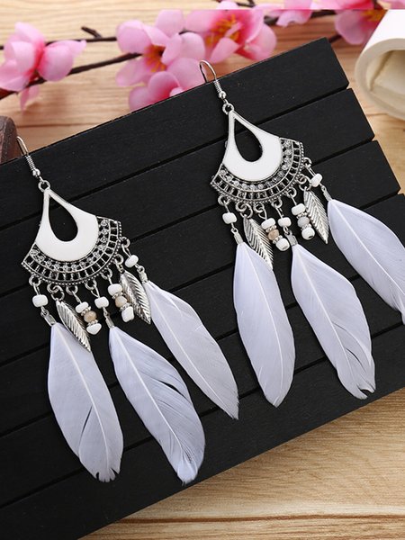 

Bohemian Chain Earrings decorated with Feather Earrings, White, Earrings