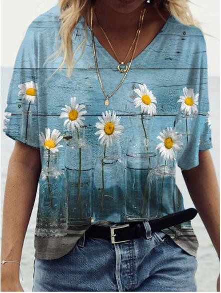 

V Neck Floral-Print Short Sleeve T-shirt, As picture, Tees & T-shirts