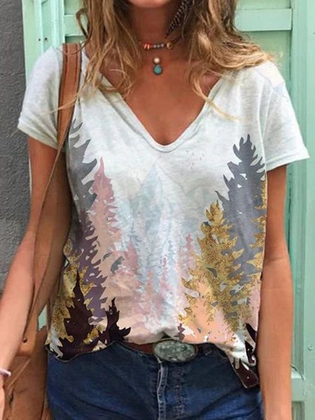 

Printed Short Sleeve Casual T-shirt, As picture, T-Shirts