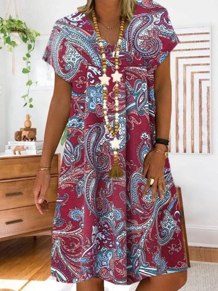 

Shift Floral-Print Short Sleeve Women Dress, Wine red, Mini Dresses