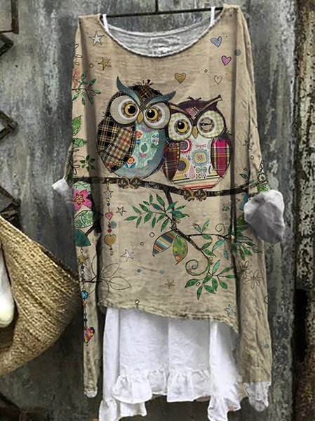 

Cotton-Blend Crew Neck Animal Long Sleeve Shirts & Tops, As picture, Tops