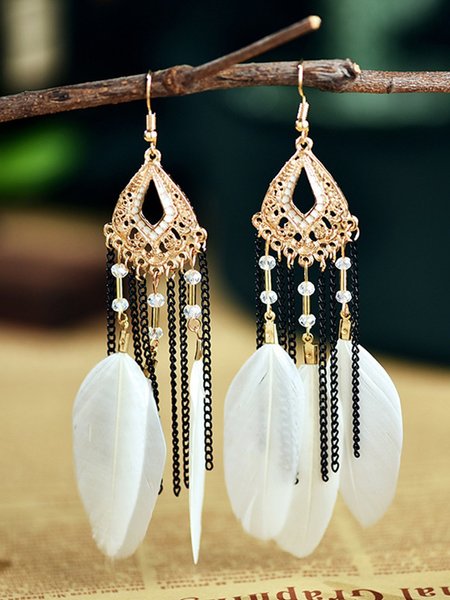 Bohemian Catena Orecchini Decorato Con Piuma Orecchini, Bianco, Earring