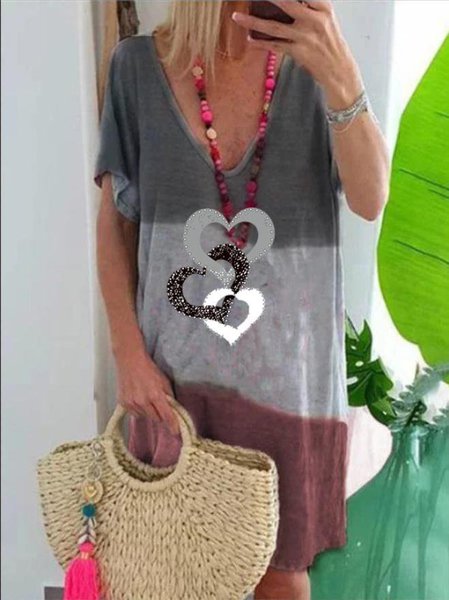 Short Sleeve Casual Abstract Knitting Dress, Wine red, Mini Dresses