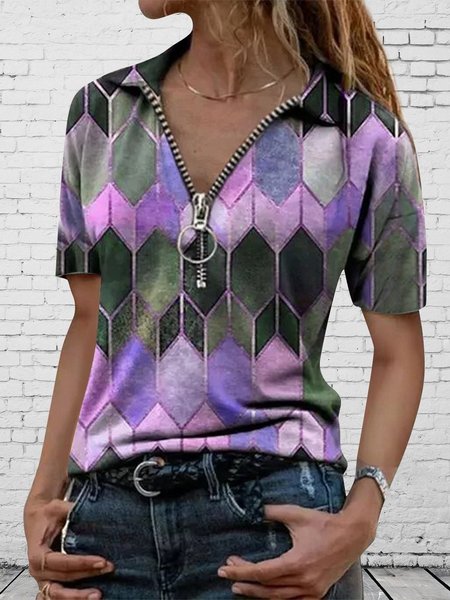 Vintage Geometric Zipper V neck T Shirt