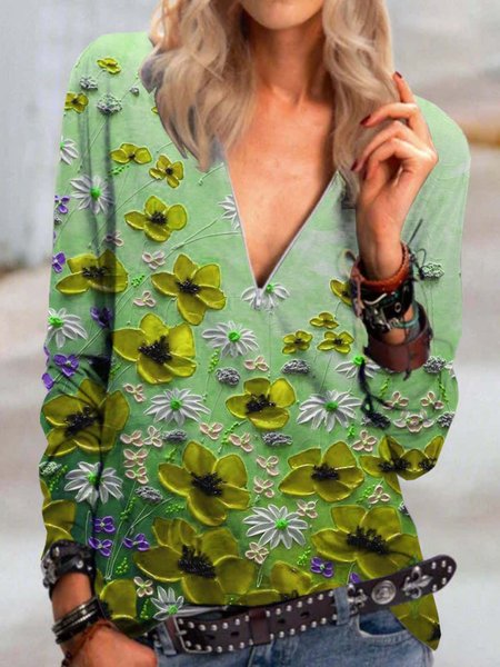 Floral Long Sleeve Printed Cotton blend V neck Casual Green Top