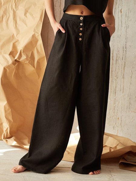 

Pantaloni Bottoni Dritto Lino, Nero, Pants