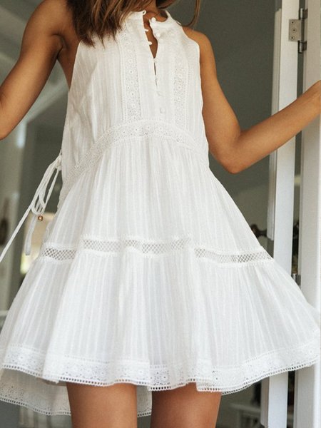 

Crew Neck Solid Sleeveless Dress, White, Mini Dresses