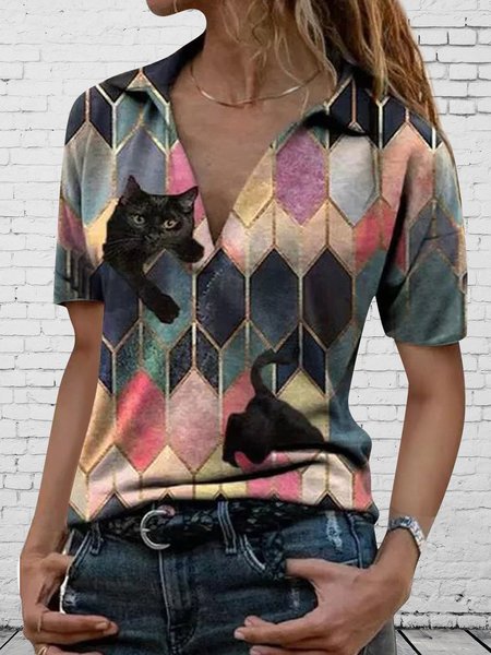 

Geometric Casual Cat Printed V Neck T-Shirts, Pink, Tees & T-shirts