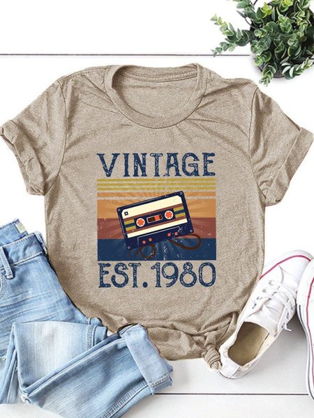 

Cartoon Short Sleeve Tee Tops, Light khaki, Tops