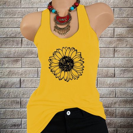 

Vintage Sleeveless Floral Printed Crew Neck Plus Size Casual Vest Tops, Yellow, Tank Top