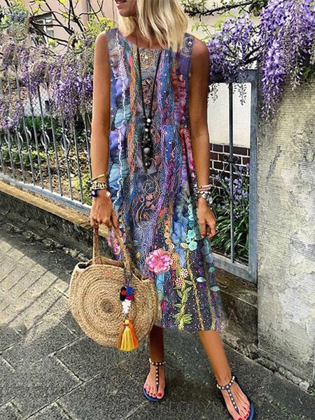 

Sleeveless Holiday Scoop Neckline Floral Printed Women Dress, As picture, Maxi Dresses