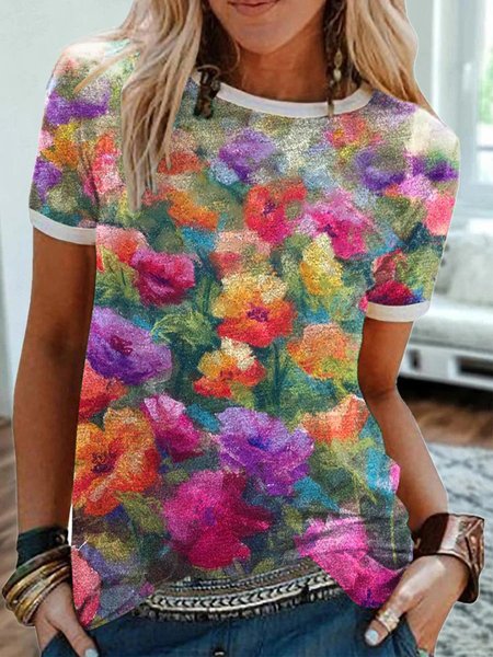 

Short Sleeve Cotton-Blend T-shirt, As picture, Tees & T-shirts