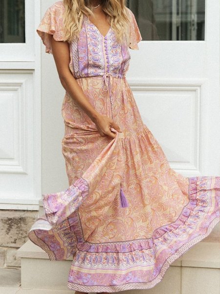 

Floral-Print Short Sleeve V Neck Maxi Dress, Pink, Dresses