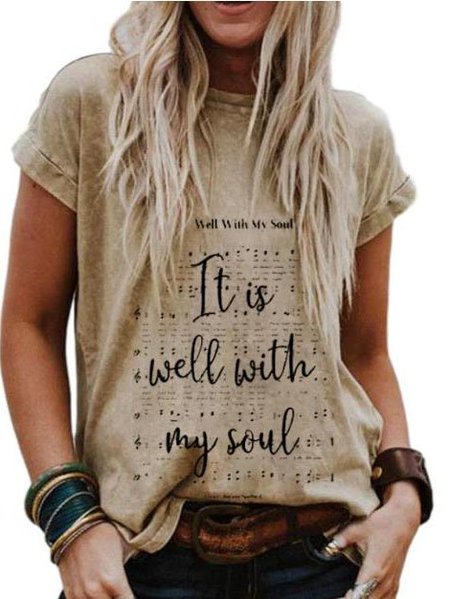 Crew Neck Floral-Print Holiday Cotton T-shirt, Apricot, Tops