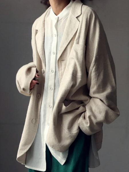 

Solid Cotton-Blend Lapel Simple Fleece Coat, Beige, Coats