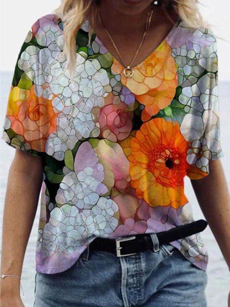 

Short Sleeve Shift V Neck T-shirt, Multicolor, Tees & T-shirts