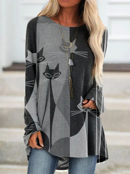 

Geometrico Gatto Maniche Lunghe Casuale Camicie & Top, Grigio, Blouses & Shirts