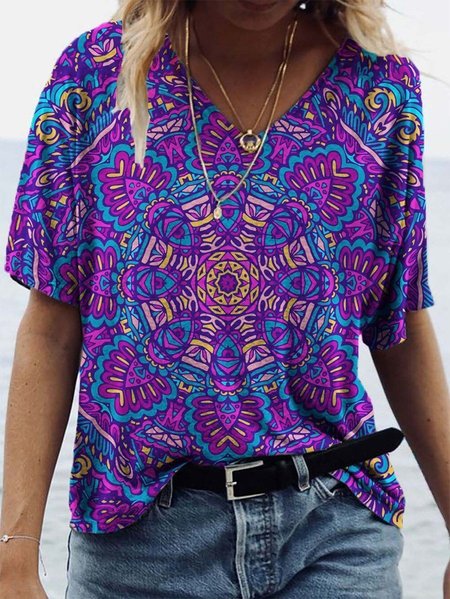 

Mandala Painting Floral Print Women V Neck T-shirt Top, Blue, T-shirts