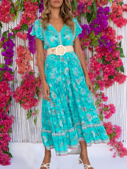 

Abito Manica a Volant Bohemian Floreale Misto Cotone, Blu, Summer dresses