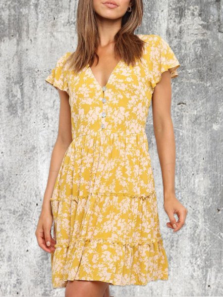 

Floral-Print Holiday Short Sleeve V Neck Dress, Yellow, Mini Dresses