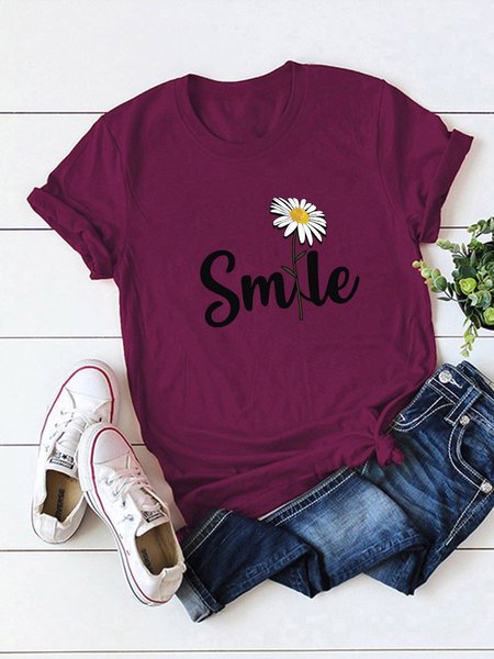 

Short Sleeve Crew Neck Casual Shirts & Tops, Wine red, Printed T-shirts