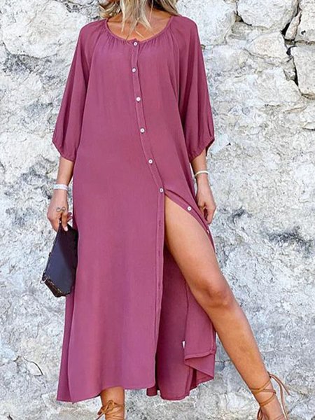 

Crew Neck Half Sleeve Shift Dress, Rose red, Maxi Dresses