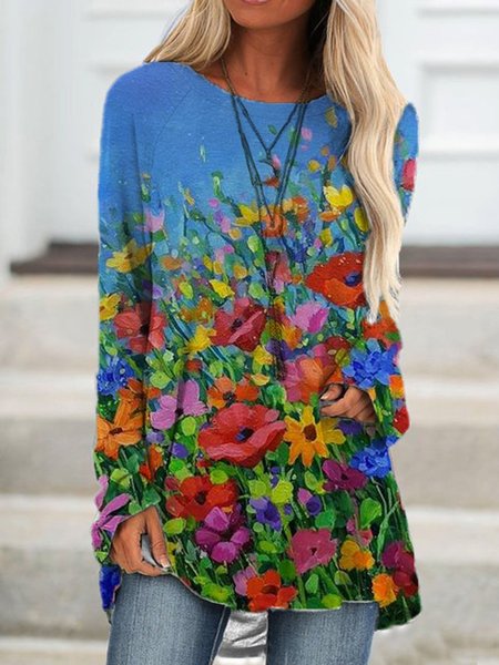 

Crew Neck Long Sleeve Abstract Top, As picture, Tops