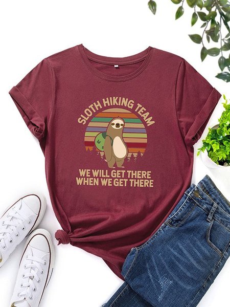 

Cotton-Blend Crew Neck Casual T-shirt, Wine red, Tees & T-shirts