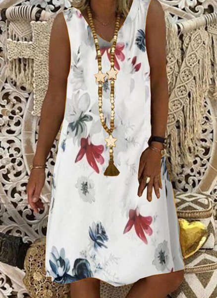 

Sleeveless V Neck Floral-Print Floral Dresses, White, Dresses