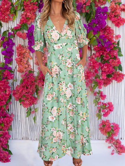 

Floral Casual Pockets Women Dress, Green, Maxi Dresses