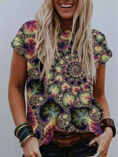 

Floral Casual Polyester Cotton Short Sleeve Shirts & Tops, Printed T-shirts