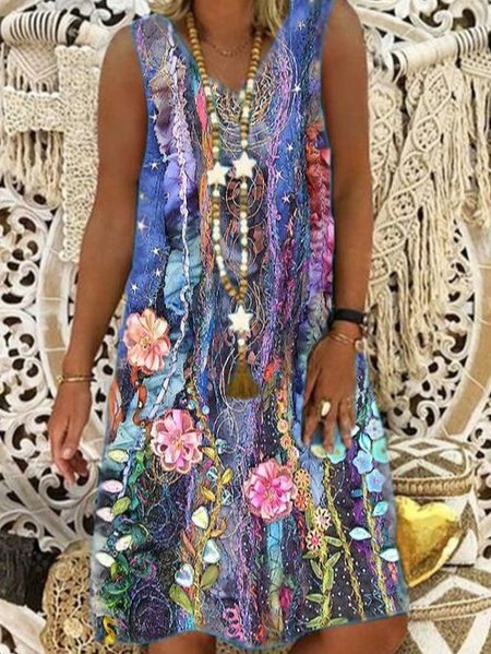 

Purple Casual V Neck Floral Printed Dresses, As picture, Tie dye dress