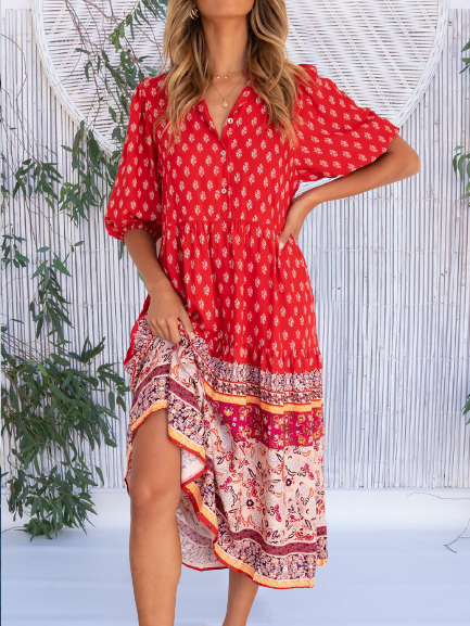 

Pockets Cotton-Blend Short Sleeve Boho Weaving Dress, Red, Floral Dresses