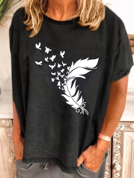 

Cotton-Blend Casual Shift Crew Neck T-shirt, Black, Tops
