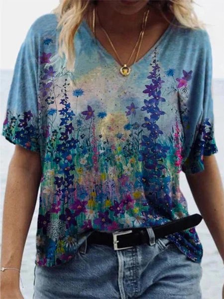 

Colorful Flower Painting Short Sleeve Casual T-shirt, Blue, T-Shirts