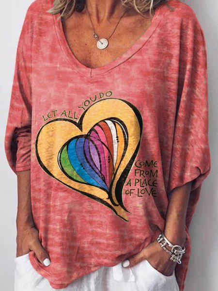 

V Neck Casual Love print Shirt, Pink, T-shirts