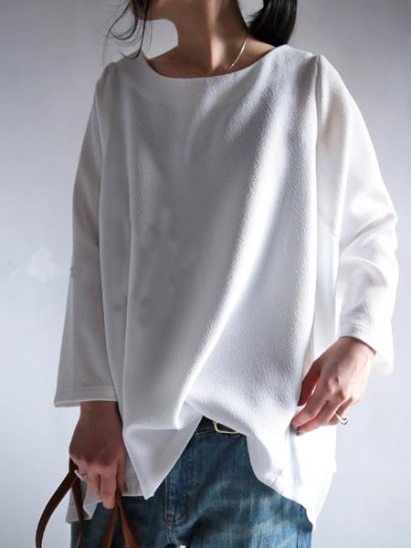 

Plain Simple Cotton Long Sleeve Tops, White, Tops