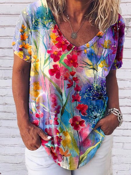 

Colorful Flower Painting T-shirt, Red, T-shirts