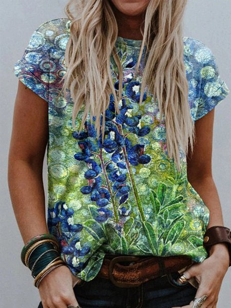 

Flower Colorful Painting Crew Neck Blue T-shirt Top, T-shirts