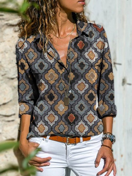 

Grigio Stampato Casuale Maniche Lunghe Colletto a Camicia Dritto Camicie & Top, Blouses & Shirts