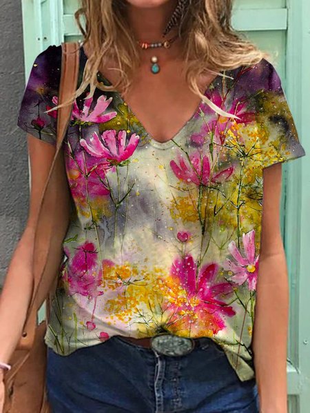 

Flower Painting Print T-shirt, Multicolor, T-shirts