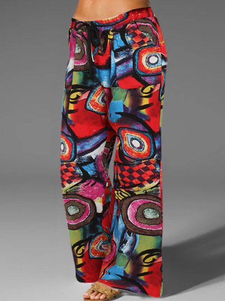 

Printed loose trousers elastic waistband wide-leg pants Abstract Holiday Pants, Red, Pants